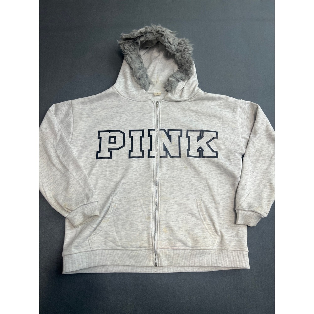 Pink Graphic Zip Up Hoodie Faux Fur Trim Hood Heather Gray Sweatshirt Size 1